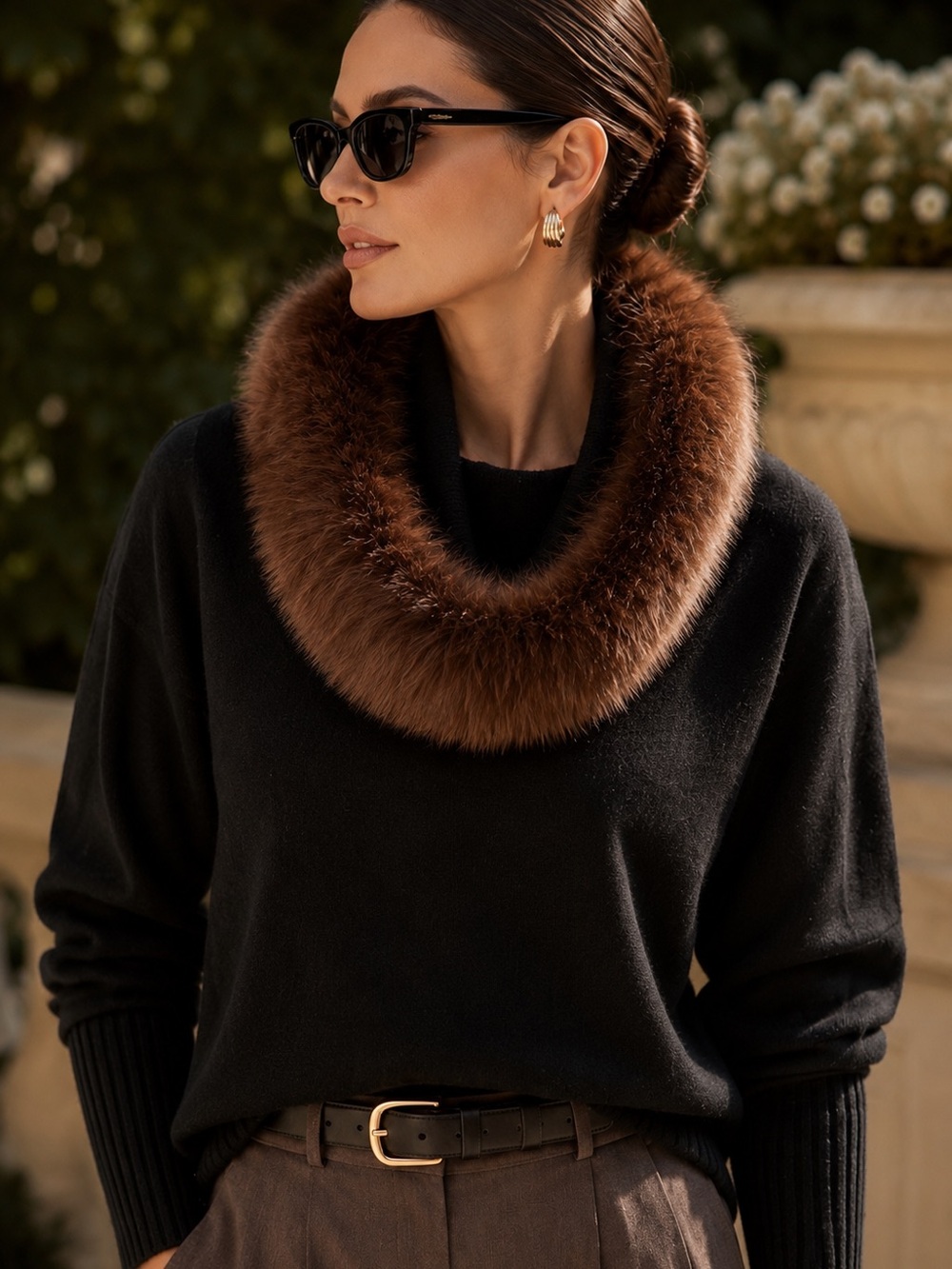 Saks Fifth Avenue 100% Cashmere Real Fox Fur Trim Sweater Poncho Black